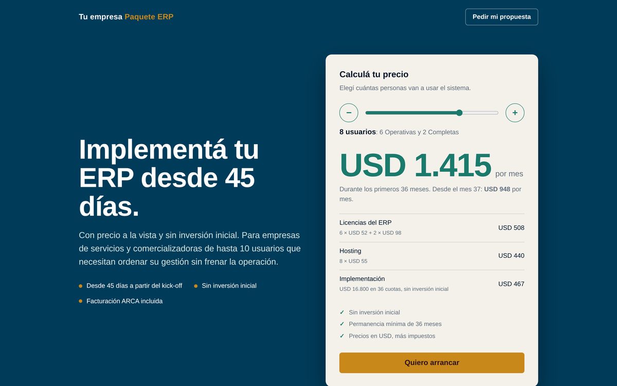 Una propuesta con precio que el cliente arma solo.